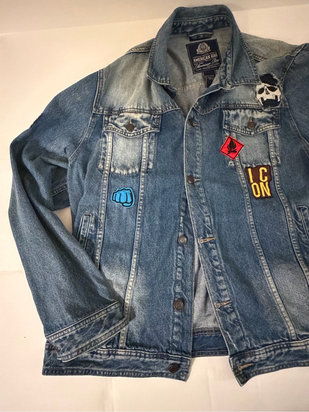 American Rag Washed Blue Denim Patchwork Jacket - Picture 3 of 6